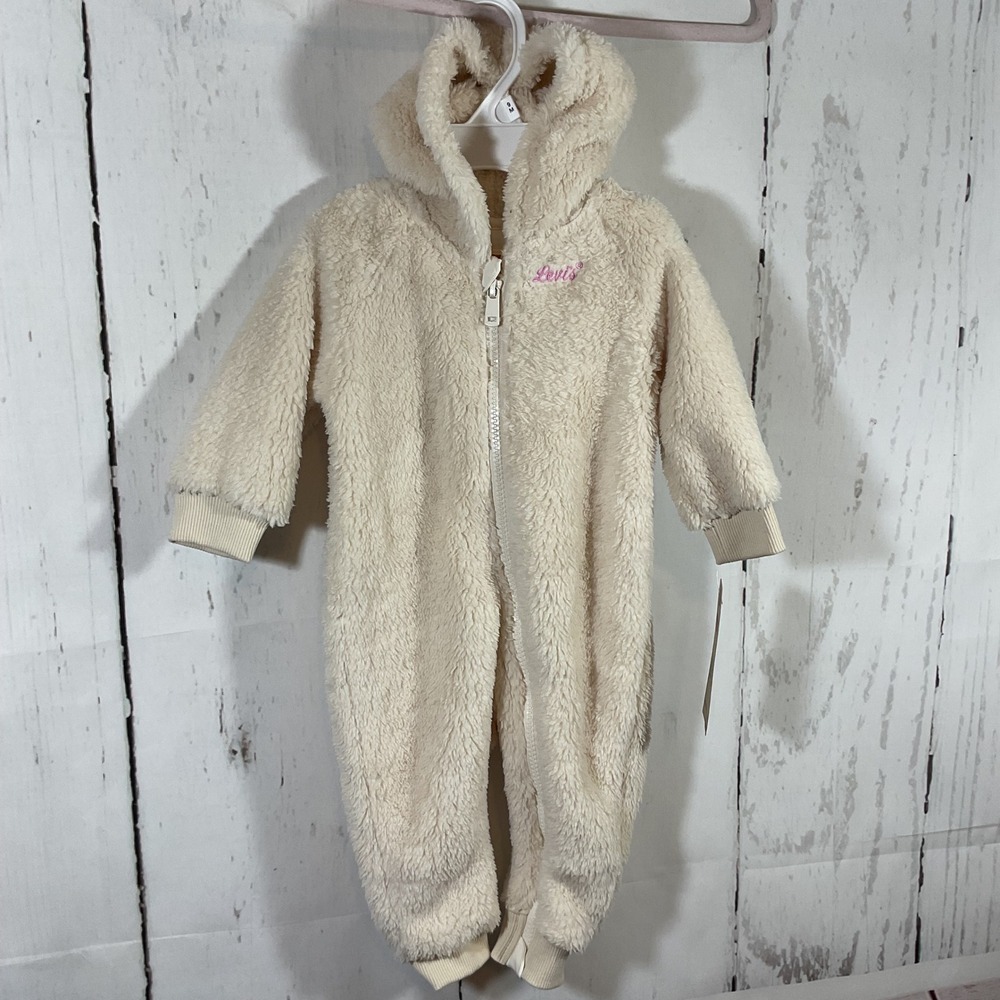 Levi's Baby Girl Sherpa Fleece Hooded Jumpsuit 9 Months Cream Coverall Cozy